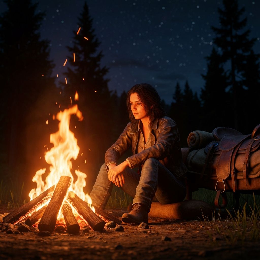 A warm campfire in the wilderness under a starry sky
