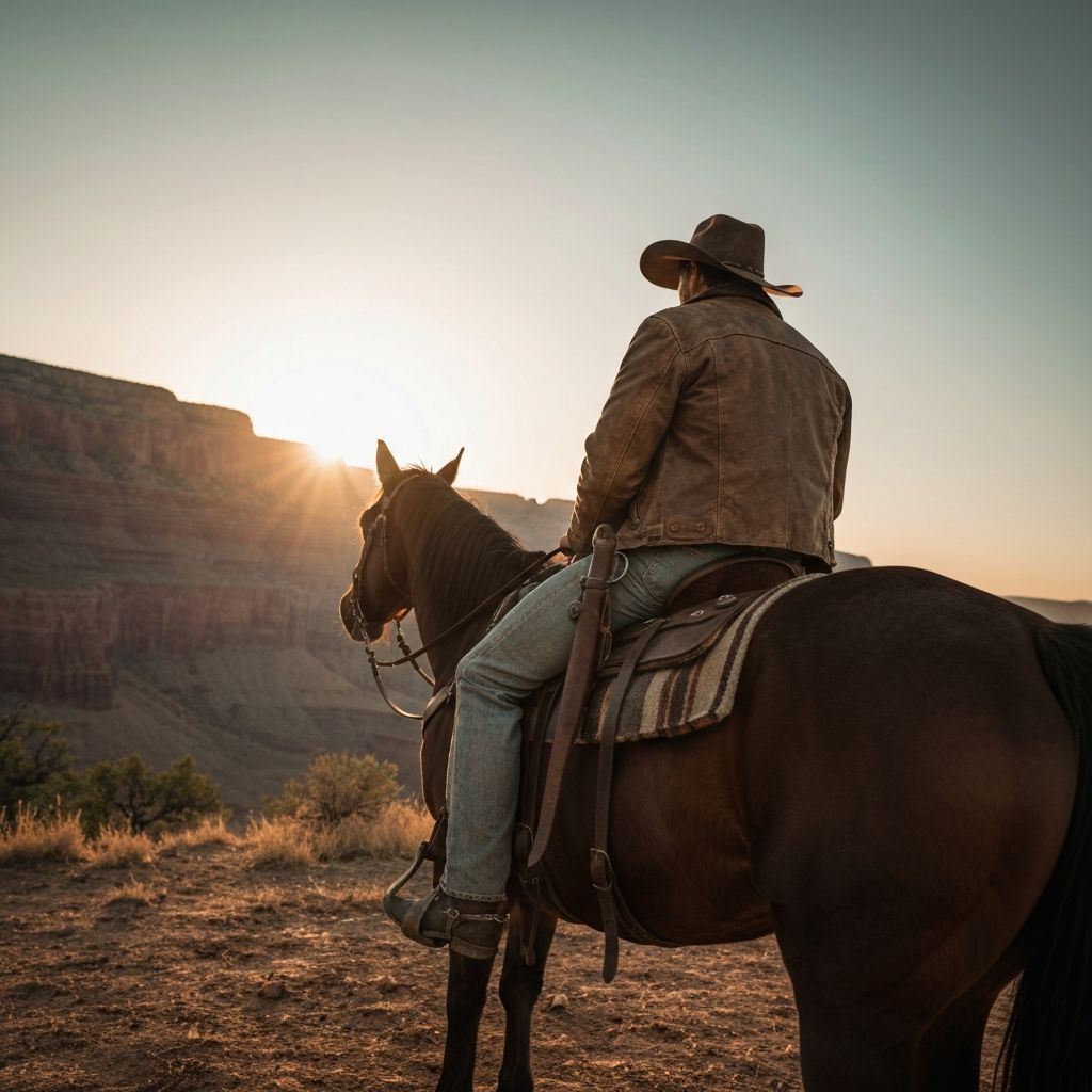 A lone rider silhouetted against a golden sunset over open plains